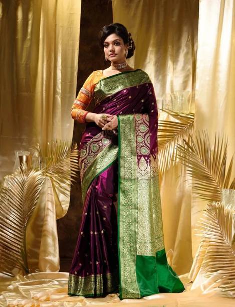 Shradhha Fashion Embroidered Banarasi Handloom Satin Saree
