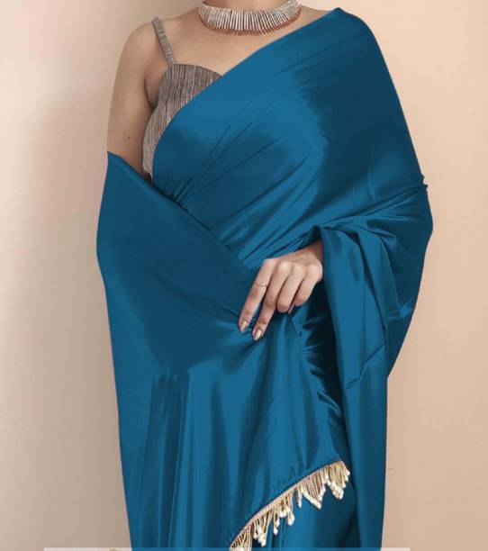 PD CLOTH VILLA Solid/Plain Bollywood Satin, Silk Blend Saree - Image 2