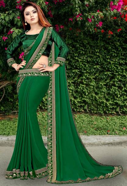 HNC Retail Solid/Plain Bollywood Lycra Blend, Chiffon Saree (Gree