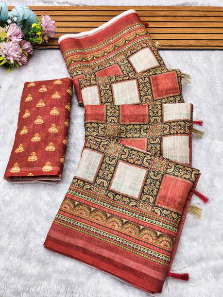 Embellished, Paisley, Floral Print, Digital Print Kasavu Cotton Linen Saree