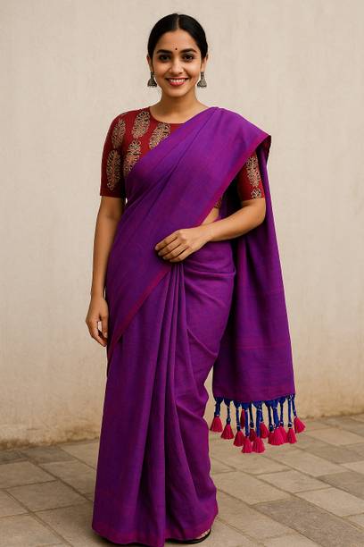 SMRITI HANDLOOM Solid/Plain Handloom Handloom Pure Cotton Saree