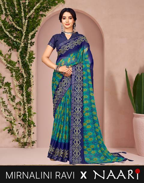 Printed, Geometric Print, Embellished Bandhani Chiffon Saree