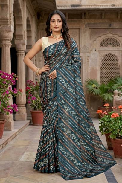 Striped, Printed Bandhani Art Silk Saree