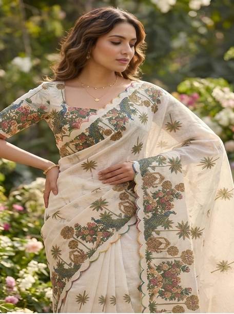 Printed, Floral Print Bollywood Cotton Linen Saree