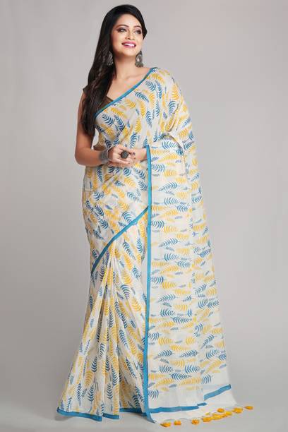 WoodenTant Printed Daily Wear Pure Cotton Saree (White, Multicolo
