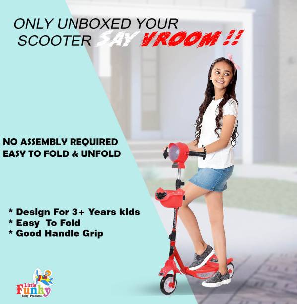 Little Funky SpaceX Premium 3 Wheel Metal Folding Scooter for Kids, Horn & LED Lights, Basket