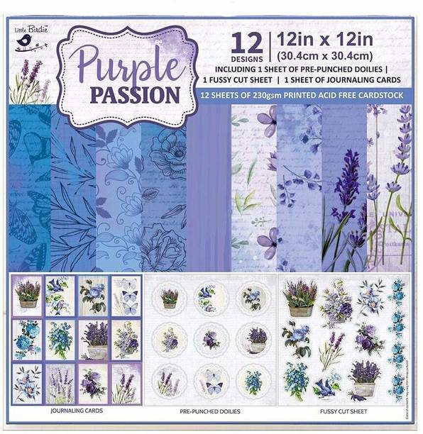 LITTLE BIRDIE Printed Designer Paper Pack 12 X 12 Inch, 12 Designs, 250gsm - Purple Passion Theme,  Scrapbook Kit