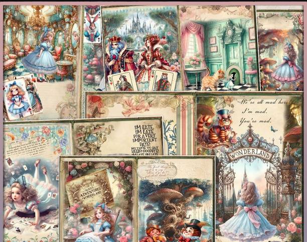 Minimal crafts Alice in Wonderland paper pack A5 size 100gsm bond paper total 24 pages Theme,  Scrapbook Kit