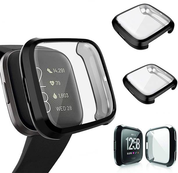 YellowCult Front and Back Screen Guard for Engineered Soft TPU Cover Case for Fitbit Versa/ Sense Smart Watch (Body & Glass Protection|Flexible|Silicone|Moon Black) - Case Only