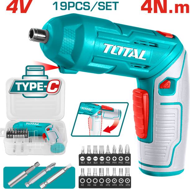 TOTAL 4V Lithium-Ion Cordless Screwdriver with Adjustable Handle, LED Light-TSDLI0442 Collated Screw Gun