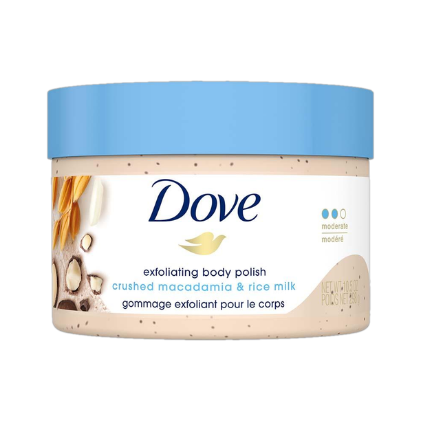 DOVE Exfoliating Body Polish Crushed Macadamia & Rice Milk for Dry Skin, 298g Scrub
