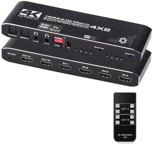 atdaraz 4 In 2 Out HDMI Matrix switcher Box with EDID Extractor and IR Remote Control Media Streaming Device
