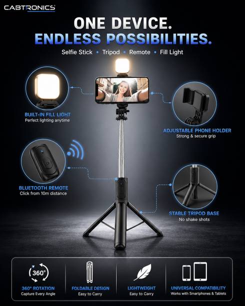 CABTRONICS Extendable 70 Inch Selfie Stick Tripod with Bluetooth Remote & Fill Light | Stable Phone Stand for Vlogging & Photography Bluetooth Selfie Stick