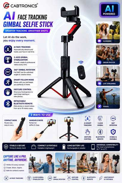 CABTRONICS Premium AI Tracking Selfie Stick Tripod with 360° Auto Face Tracking, Gesture Control, Bluetooth Remote for Content Creators & YouTube Bluetooth Selfie Stick