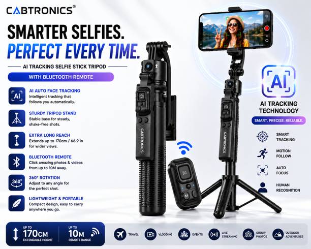CABTRONICS AI Auto Face Tracking Mobile Tripod, 70 Inch Selfie Stick with Bluetooth Remote, Smart Phone Holder for YouTube, TikTok & Reels Bluetooth Selfie Stick