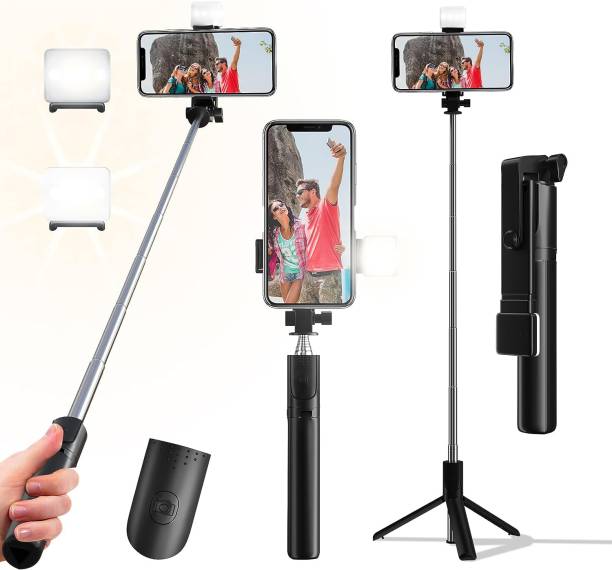 INDRAMANSHA Retractable Phone Tripod with Wireless Remote Control & Light Bluetooth Selfie Stick