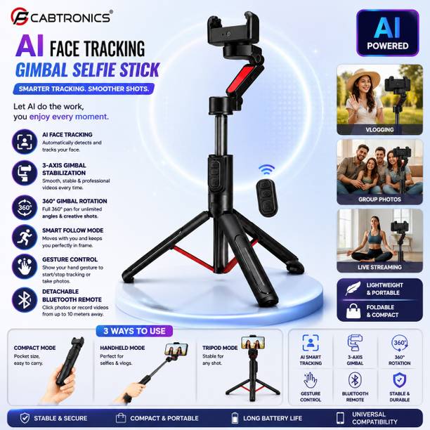 CABTRONICS AI Intelligent Face Tracking Tripod Selfie Stick with Gesture Control, 700mm Extendable, Anti Shake Stabilization, Bluetooth Remote, Mobile Video Recording Stand Bluetooth Selfie Stick