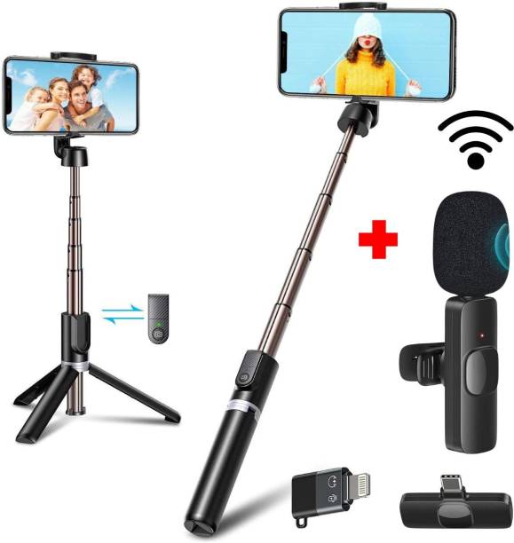 GADGETSWEAR (Combo with Wireless Mic) Selfie Stick with Tripod Stand, Bluetooth Selfie Stick