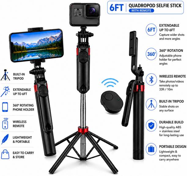 SB Q180 Professional Selfie Stick Tripod 183CM Height Adjustable Mobile Stand, Bluetooth Remote, 360 Rotating Phone Holder, Selfie Stick for Android & iOS Smartphones, Quadrapod Stable Design, Video R