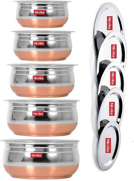 Nirvika Pack of 5 Stainless Steel handi set with lid Copper bottom cookware set/biryani patila set Dinner Set