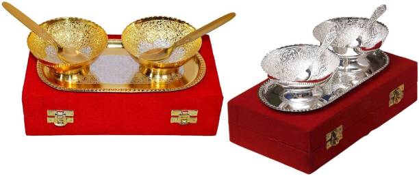 ME&YOU Special Gifts for Dhanteras Diwali Gold and silver Plated Serving Bowl Set, Perfect Gift for Corporate, Relative on Deepawali Dhanteras IZ18Goldsilverbowl-002 Bowl, Spoon, Tray Serving Set