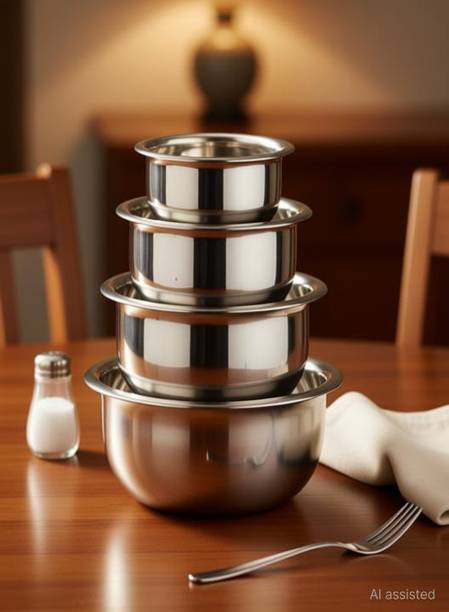 Nirvika Stainless steel handi Set with lid set of 5 Piece Set/serving bowl Steel handi Non-Stick Coated Cookware Set
