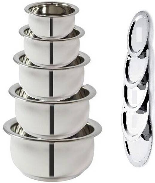 Nirvika Stainless Steel Serving Bowl handi set of lid 5 cookware dinner storage cooking bowl