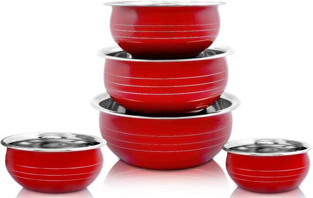 Nirvika Red Powder Coating Stainless Steel handi, Cooking Serving Dinner Bowl Patila Set Cookware Set