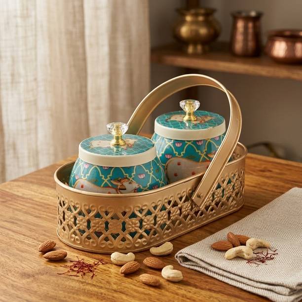 madhurmurli Elegant Ceramic Jar Set with Metal Basket H...