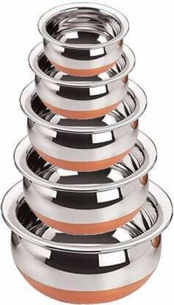 Nirvika Cookware set New pot pan Copper Bottom handi Set Cookware Set (Stainless Steel, Copper, 5 - Piece) patila set/bhagona/pot pan/milk pan/serving bowl/biryani punjabi tope/tapeli/pateli/Punjabi/ URLI/ serveware/storeware/(Gas compatible and Non Induction compatible copper bottom, Non-stick) steel handi set size 2.1 L, 1.6 L, 1.1 L, 0.8 L, 0.5 कुकवेयर सेट