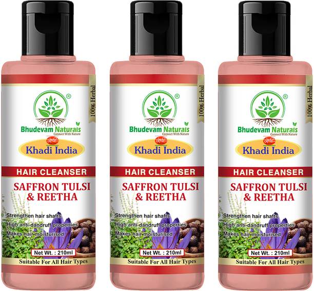 Bhudevam Naturals Khadi Saffron Tulsi Shampoo with Reetha Extract - Ayurvedic Formula for Healthy