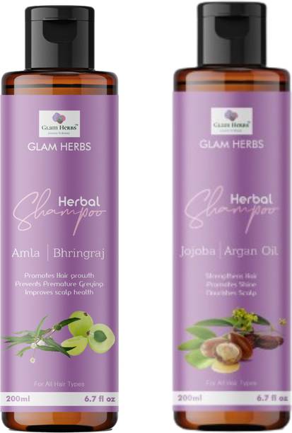 GLAM HERBS Amla Bhringraj Shampoo 200ml & Jojoba Argan Shampoo 200ml For Dry Frizzy Hair