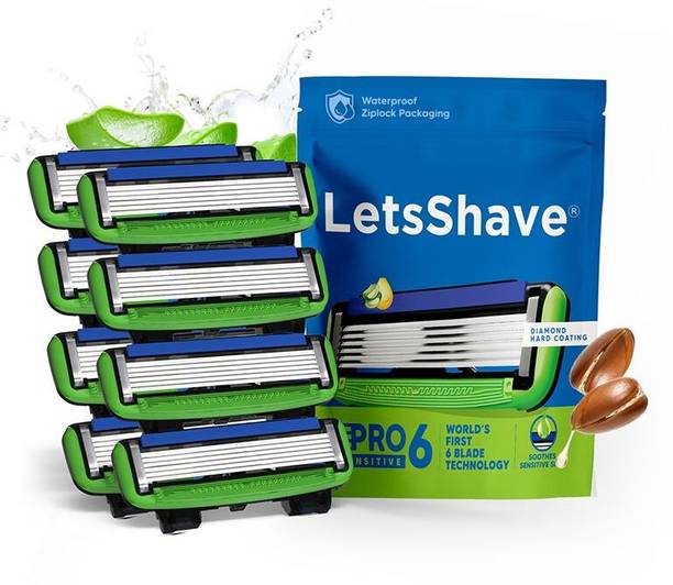 LetsShave Pro 6 Sensitive Shaving Razor Blade Refills, World's 1st 6-Blade with Aloe vera
