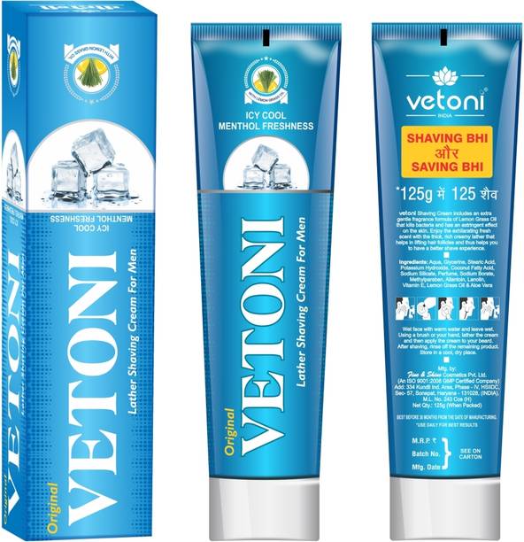 VETONI Shaving Cream Icy Cool MentholFreshness|Comfortable Shave(125g) Pack of 4
