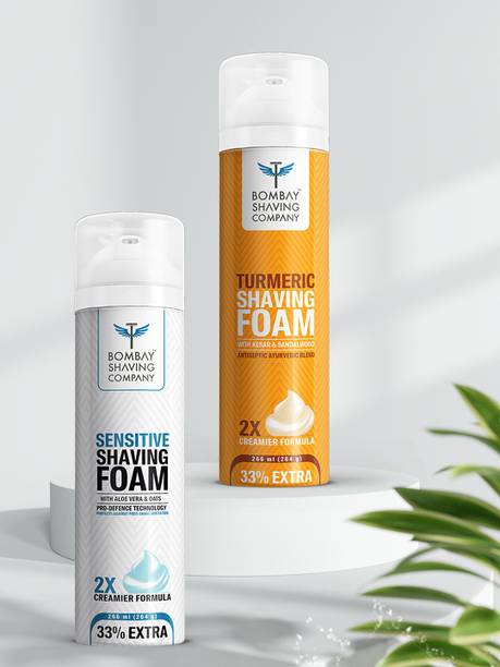 BOMBAY SHAVING COMPANY Sensitive Shaving Foam with Aloe Vera, Oats, Menthol and 2X Creamier Formulae for Superior Glide and Protection 266 ml (33% Extra) (266 g) & Turmeric Shaving Foam with Turmeric, Sandalwood, Kesar and 2X Creamier Formulae for Superi