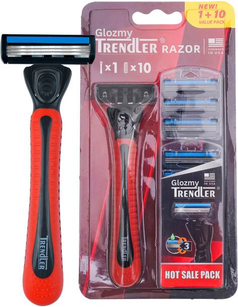 Glozmy 3 Blade Razor with Moisture Strip & Pivot Head, 1 Handle + 10 Cartridge Blades, Men