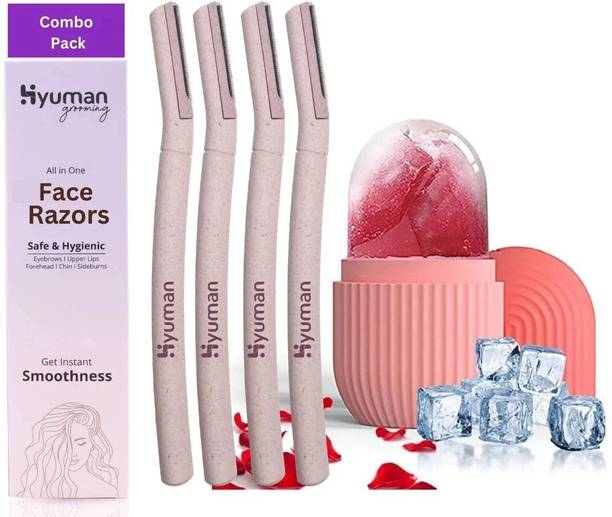 Hyuman Combo Face Razor & Ice Roller - 4 Unit Razors + 1Unit Ice Roller For Smooth Skin, Women