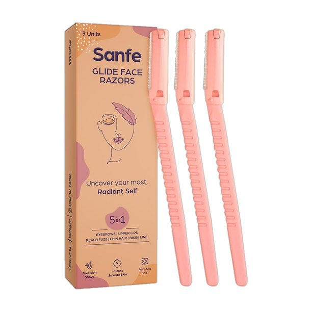 Sanfe Glide Face Razor for painfree facial hair removal (3 units) - upper lips, chin, peach fuzz - Stainless steel blade, comfortable, firm grip, Women