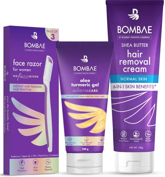 Bombae Hair Removal Regime with Face Razor, Hair Renoval Cream, & Aloe Gel