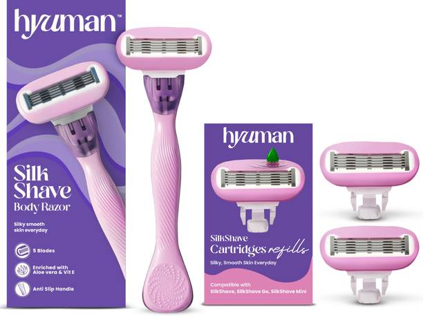 Hyuman SilkShave Body Razor + 2 Cartridge Refill | Lubricating Ring for Smooth Shave, Women