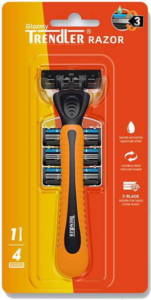 Glozmy 3 Blade Razor with Moisture Strip & Flexible Head, Handle, 4 Cartridges, Men