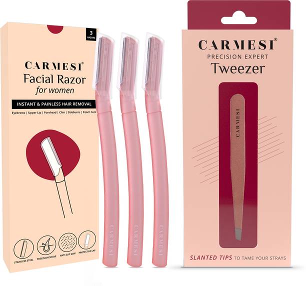 Carmesi Face Hair Removal Combo - 3 Face Razors & 1 Tweezer | No Cuts or Irritation, Women