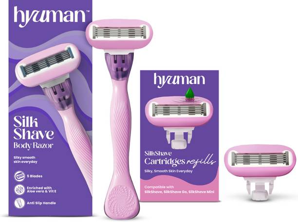 Hyuman SilkShave Body Razor + 1 Cartridge Refill | Lubricating Ring for Smooth Shave, Women