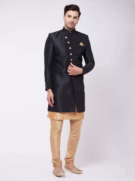 VM VM by Vastramay Men's Black And Rose Gold Silk Blend Sherwani Set Solid Sherwani