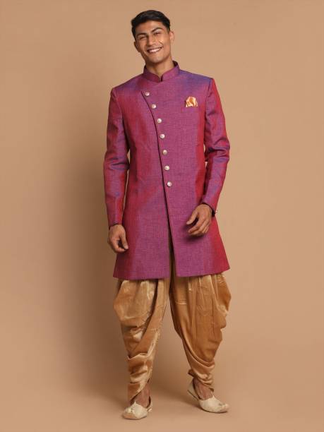 VM VM by Vastramay Men's Purple And Rose Gold Silk Blend Sherwani Set Solid Sherwani
