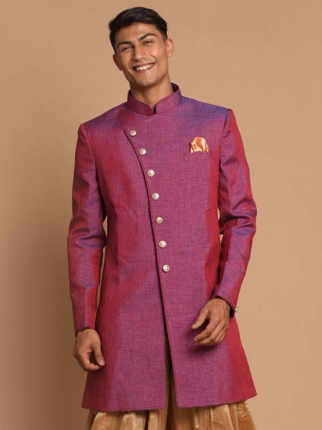 VM VM Men's Purple Cotton Blend Sherwani Only Top Solid Sherwani