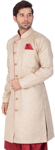 VM VM by Vastramay Men's Beige Cotton Blend Sherwani Only Top Self Design Sherwani