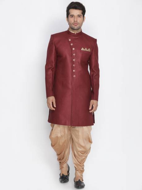 VM VM by Vastramay Men's Maroon Polyester Lurex Blend Sherwani Set Solid Sherwani
