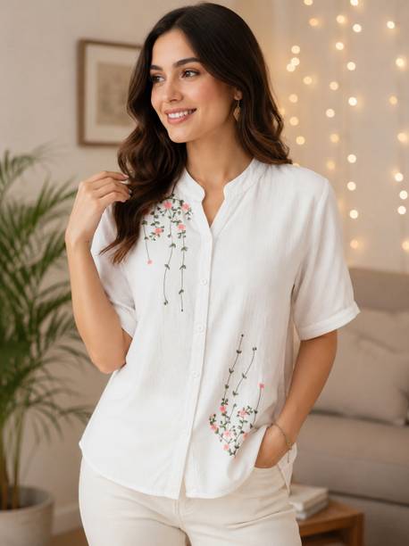 Women Relaxed Fit Fit Embroidered, Floral Print, Solid Mandarin Collar Casual Shirt