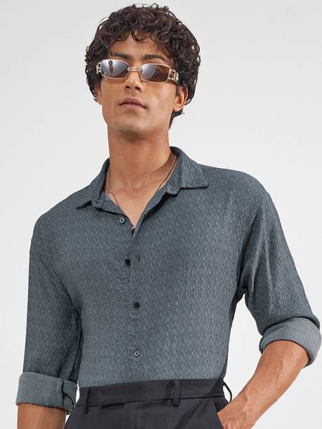 Men Slim Fit Self Design Cut Away Collar Casual Shirt